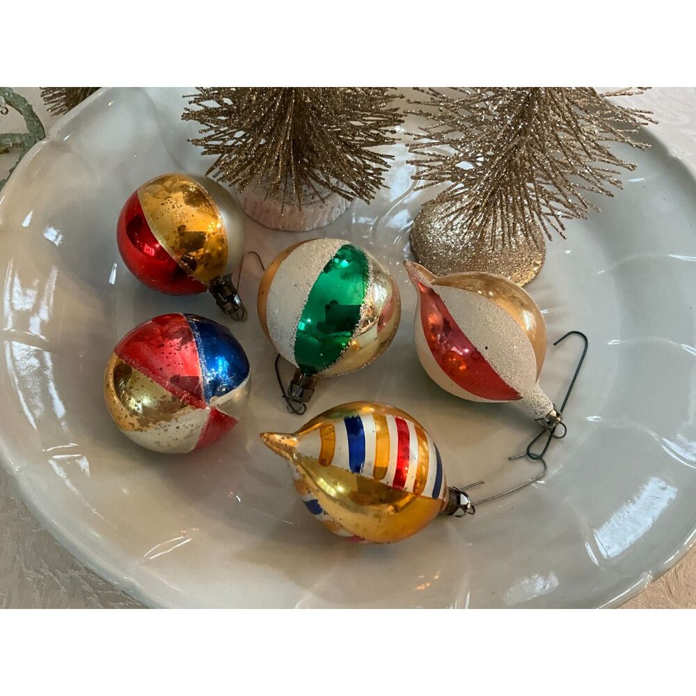5 vintage striped Christmas ornaments tear drops and balls Poland